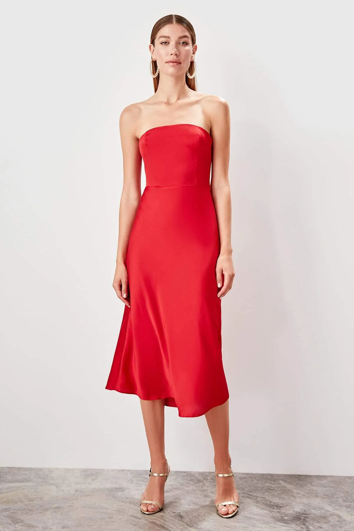 11611 Red Strapless Midi Dress