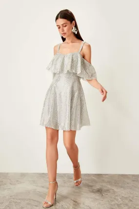 11654 Silver Glitter Off-Shoulder Dress