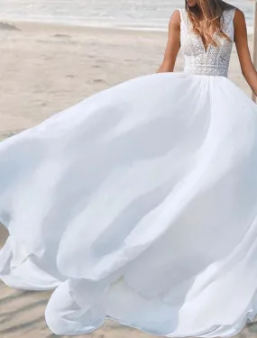 Beach Open Back Boho Wedding Dresses A-Line V Neck Sleeveless Floor Length Chiffon Bridal Gowns With