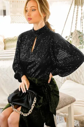 Black High Neck Sequin Top