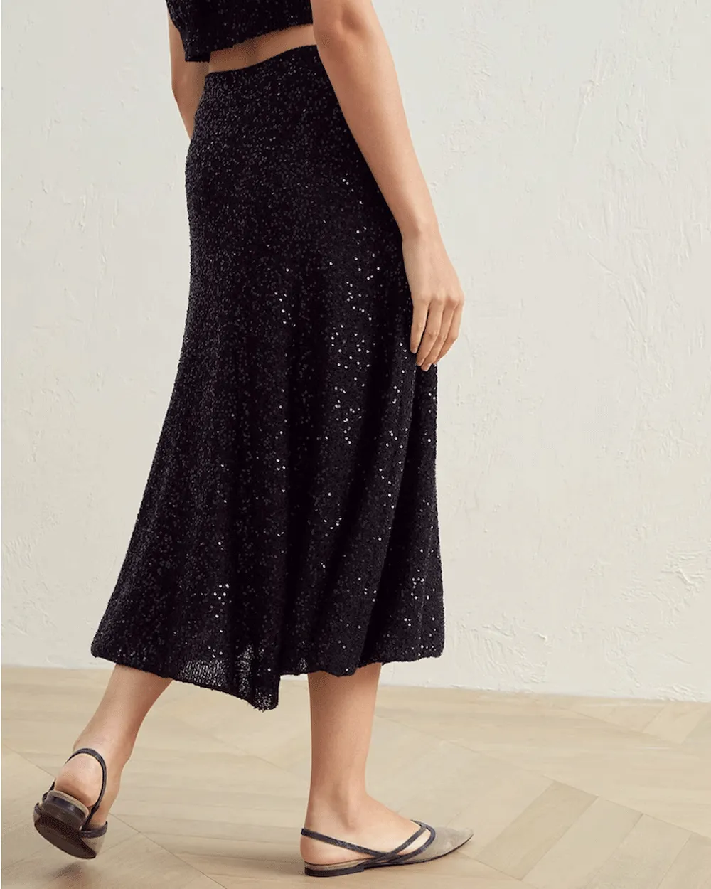 Black Mini Paillette Sequin Midi Skirt