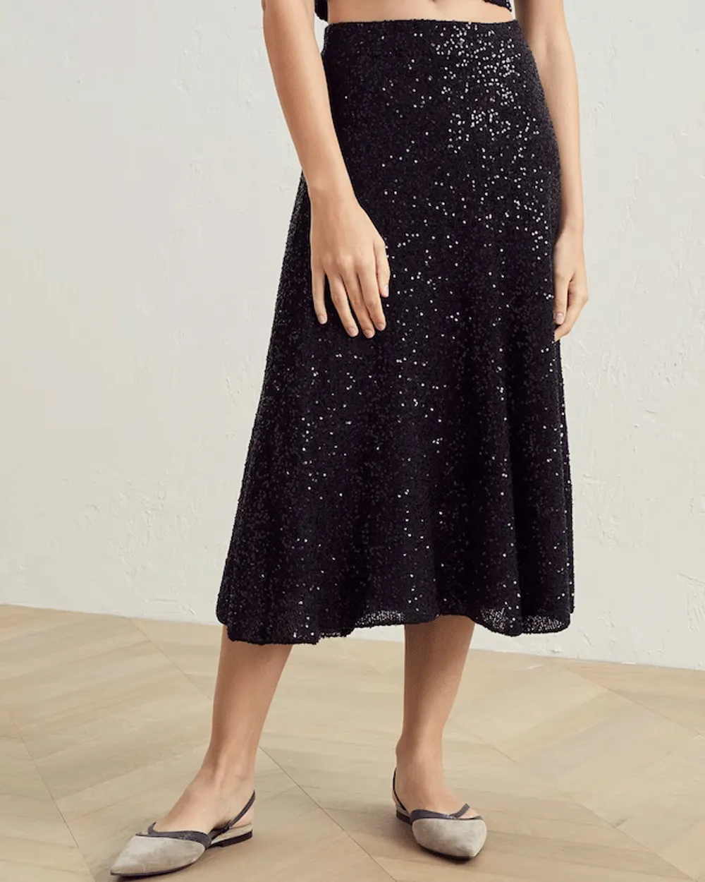 Black Mini Paillette Sequin Midi Skirt