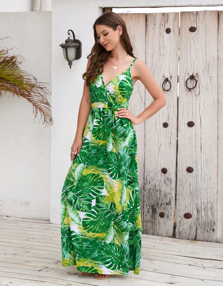 Bohemian Tropical Botanical Print Sling Maxi A Line Dresses