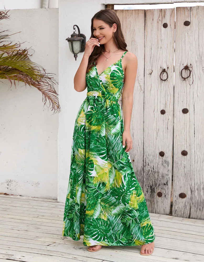 Bohemian Tropical Botanical Print Sling Maxi A Line Dresses