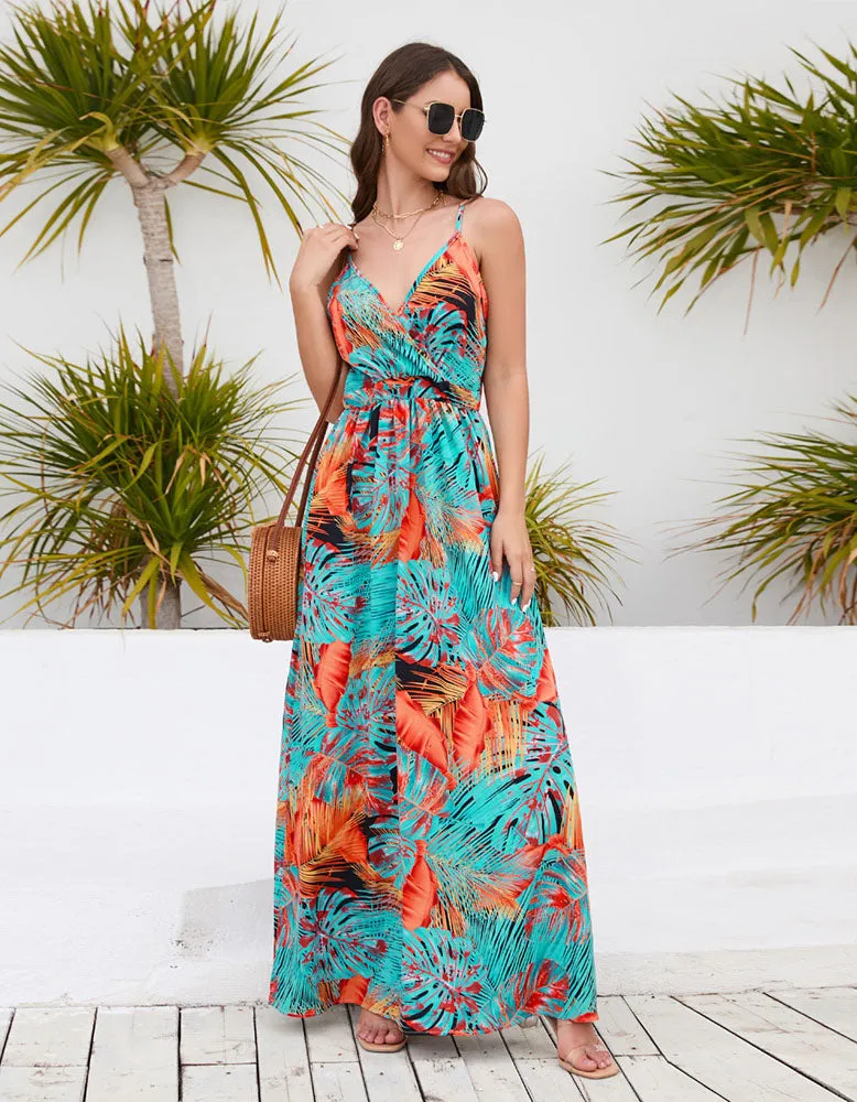 Bohemian Tropical Botanical Print Sling Maxi A Line Dresses