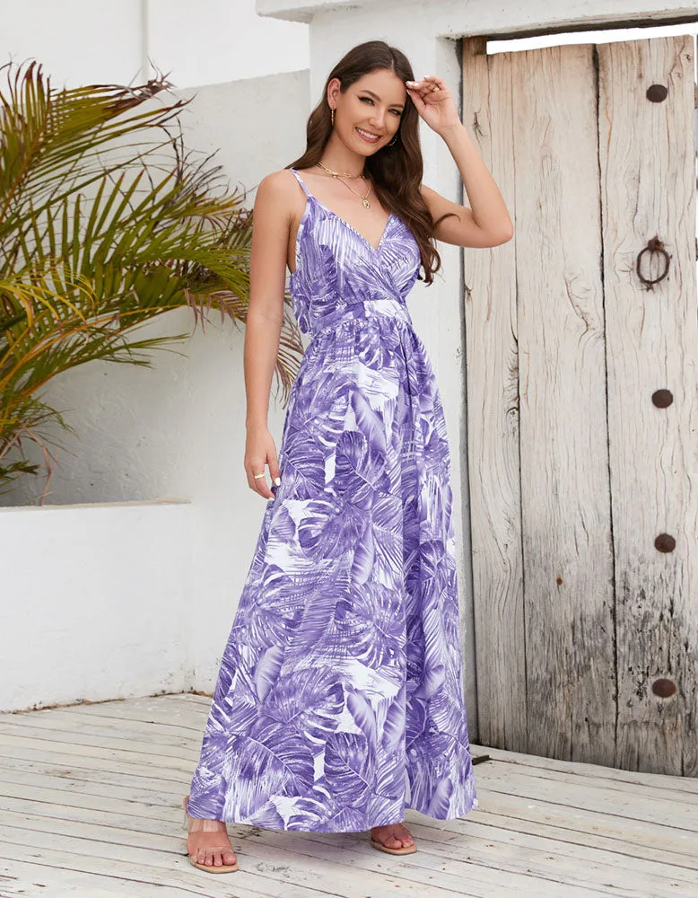 Bohemian Tropical Botanical Print Sling Maxi A Line Dresses