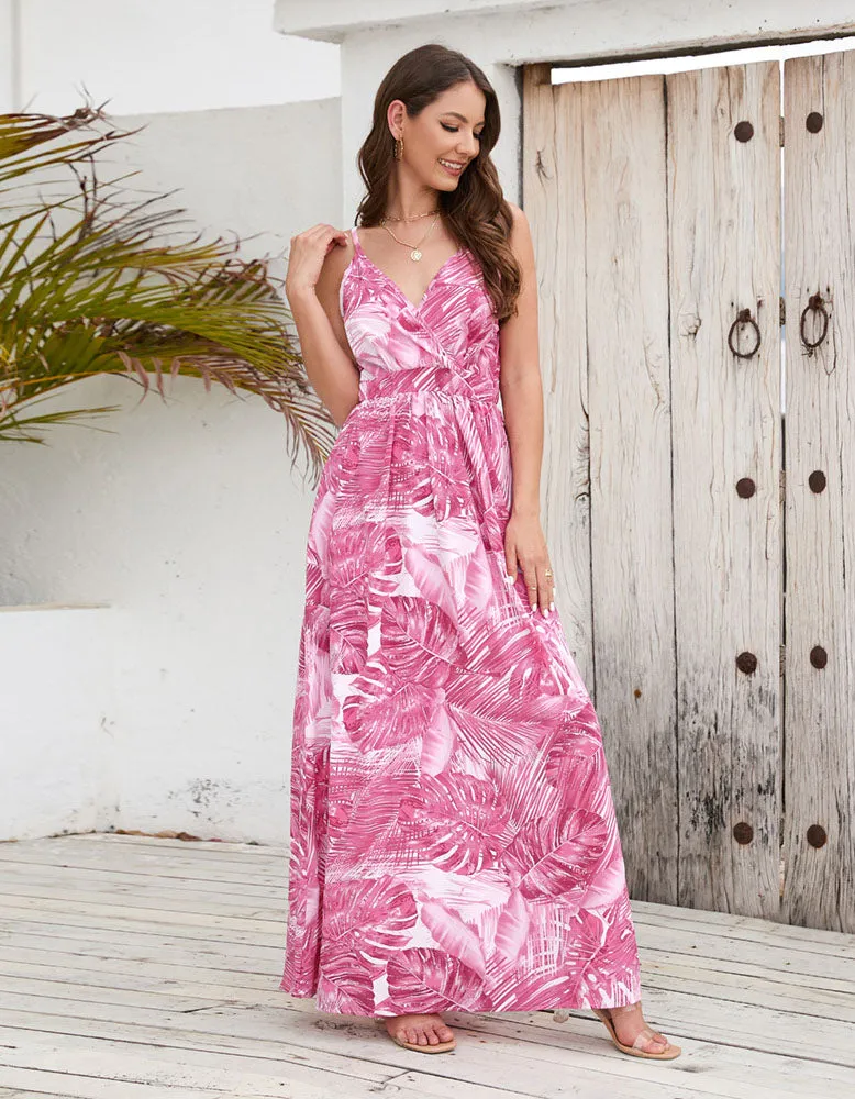 Bohemian Tropical Botanical Print Sling Maxi A Line Dresses