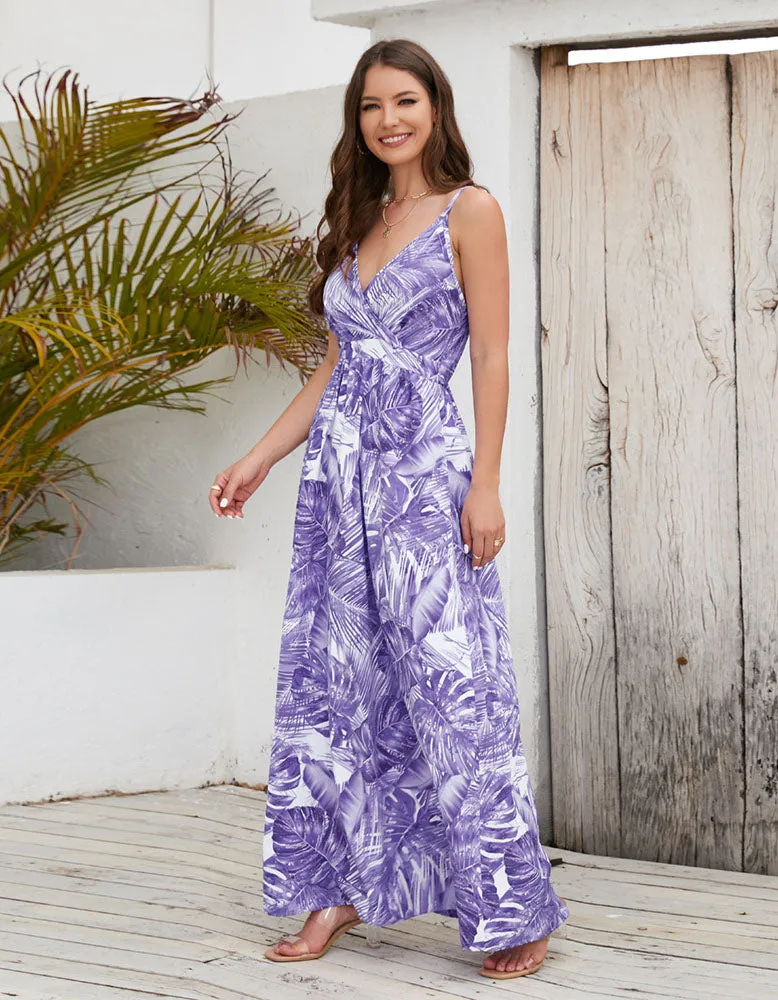 Bohemian Tropical Botanical Print Sling Maxi A Line Dresses