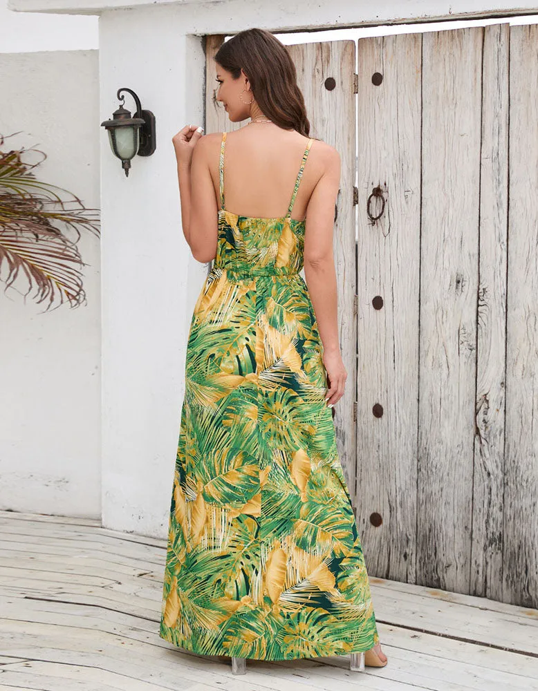 Bohemian Tropical Botanical Print Sling Maxi A Line Dresses