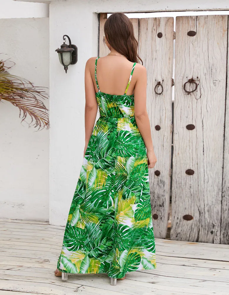 Bohemian Tropical Botanical Print Sling Maxi A Line Dresses