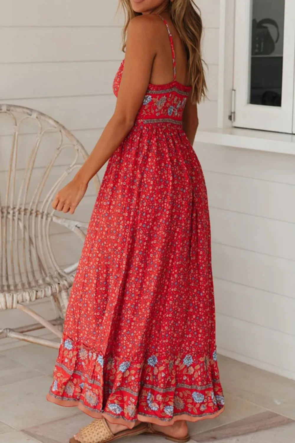 Boho Bohemian Spaghetti Strap Frill Trim Maxi Dress