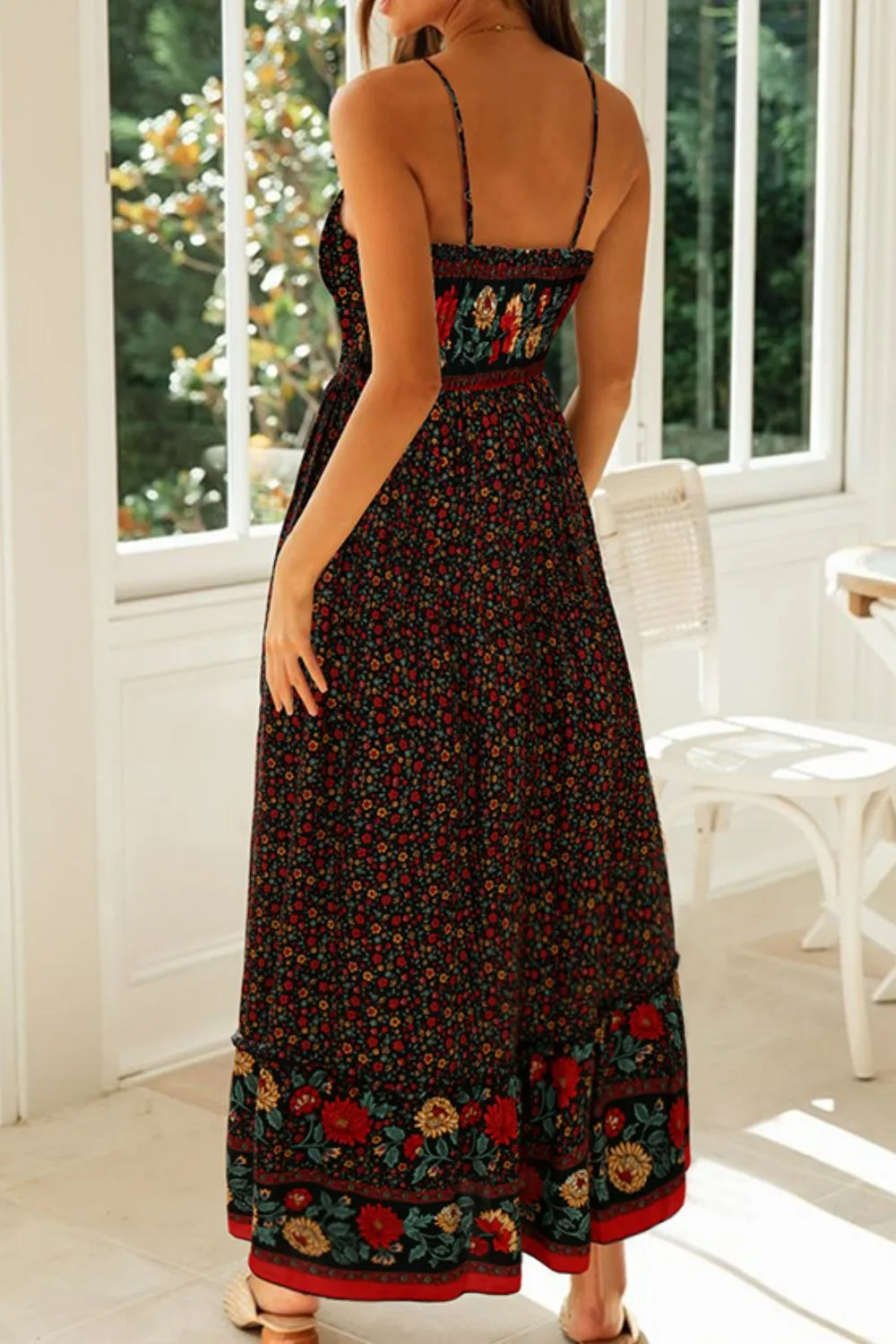 Boho Bohemian Spaghetti Strap Frill Trim Maxi Dress