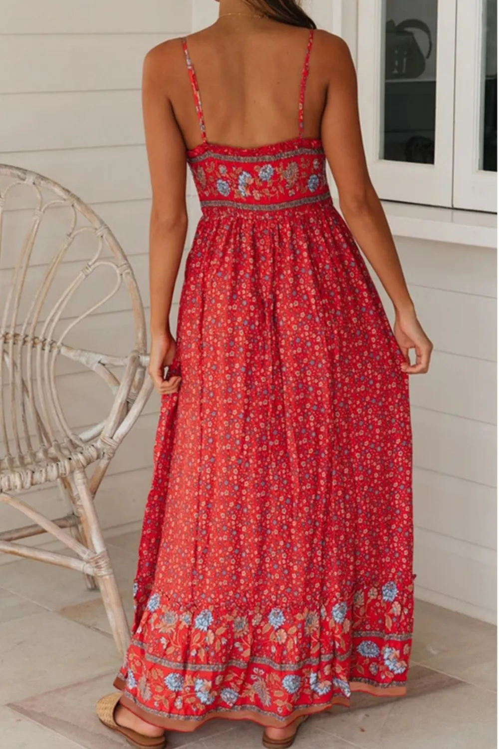 Boho Bohemian Spaghetti Strap Frill Trim Maxi Dress