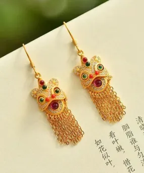 Boho Gold Gem Stone Tassel Silver Drop Earrings LY9179