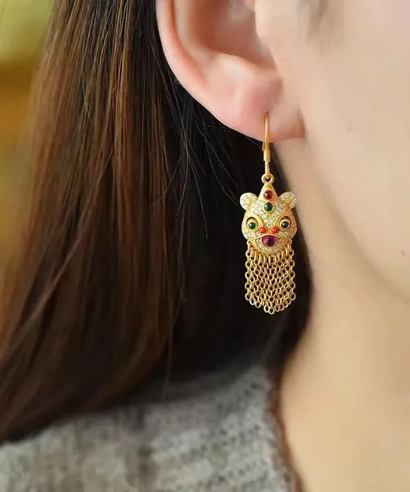 Boho Gold Gem Stone Tassel Silver Drop Earrings LY9179