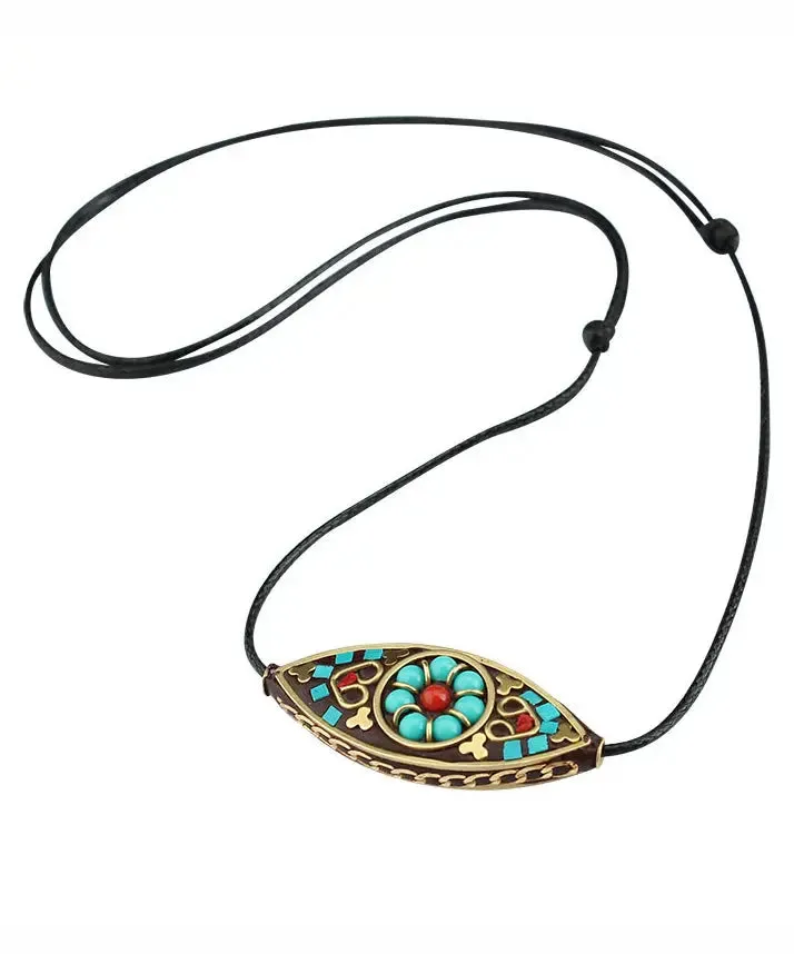 Boho Green Hand Knitting Copper Turquoise Pendant Necklace ML0300