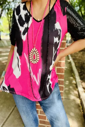 BQ15240 Fuchsia&black cow printed sequin short sleeve women tops