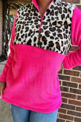 BQ15491 Leopard printed fuchsia solid color velvet long sleeve w/zipper women tops