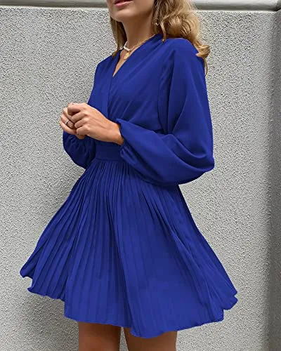 BTFBM Women 2023 Summer Casual Dresses Boho Wrap V Neck Puff Long Sleeve Beach Cocktail Flowy Pleated A-Line Mini Dress(Solid Royal Blue, X-Large)