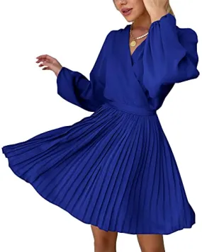 BTFBM Women 2023 Summer Casual Dresses Boho Wrap V Neck Puff Long Sleeve Beach Cocktail Flowy Pleated A-Line Mini Dress(Solid Royal Blue, X-Large)