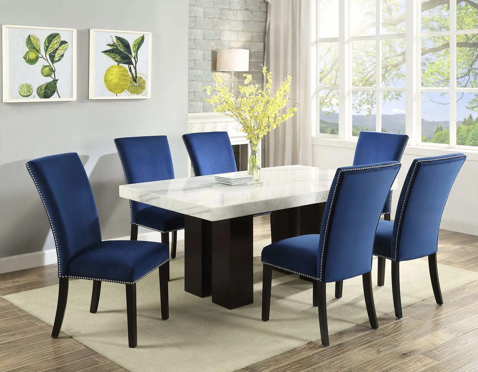 Camila Marble Dining Group(Table & 4 Blue Velvet Side Chairs)Black and Silver Side Chairs Can Be Added Optionally