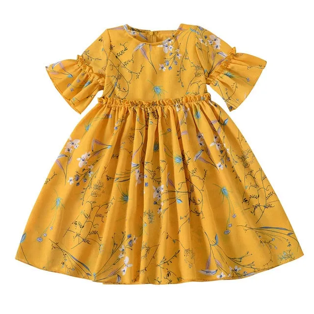 Casual Flare Sleeve Floral Print Girls Kids Dresses