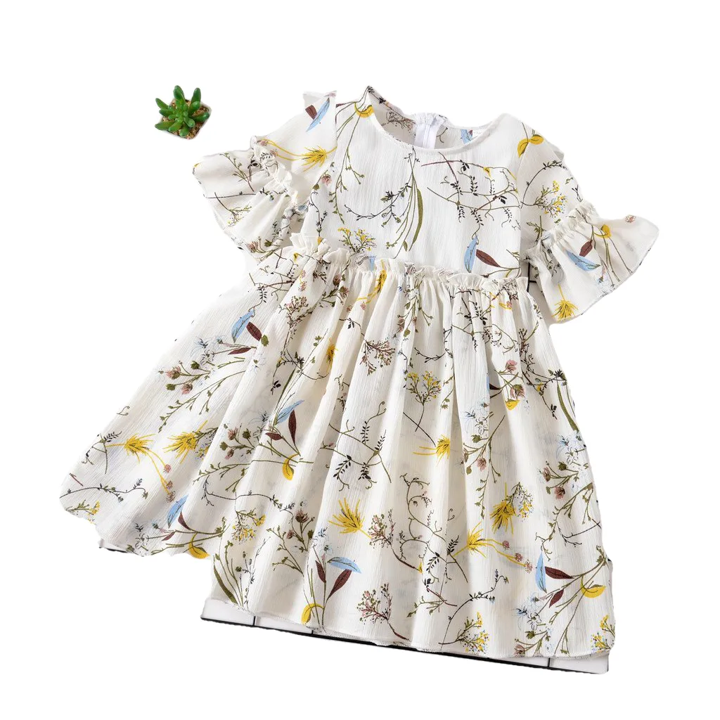 Casual Flare Sleeve Floral Print Girls Kids Dresses