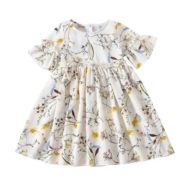 Casual Flare Sleeve Floral Print Girls Kids Dresses