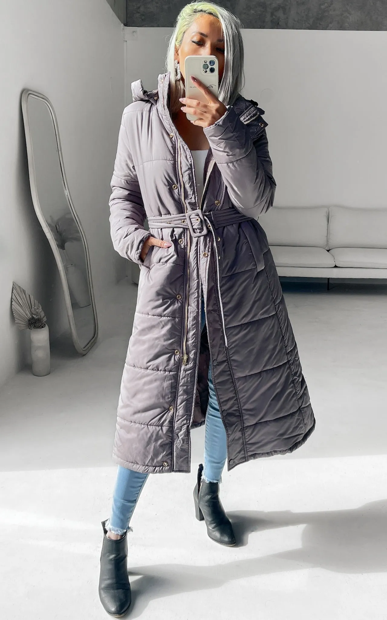 Eve Longline Puffer Coat - Grey Mauve