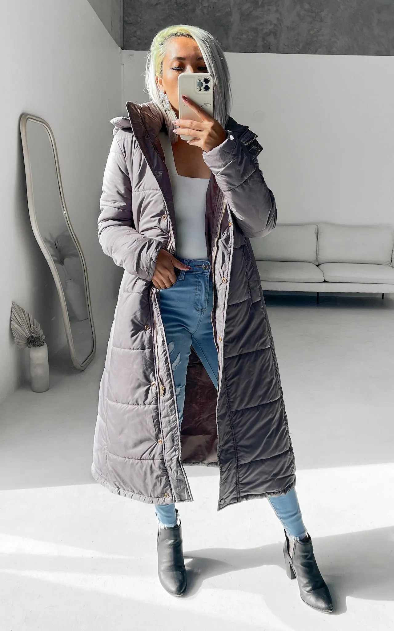 Eve Longline Puffer Coat - Grey Mauve