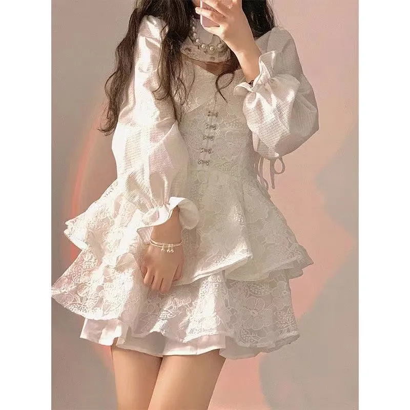 Fashionkova  Lolita Dress For Grils Kawaii Bow Lace White Cascading Ruffl  Fairy Dress JSK Straps Birthday Party Quinceanera Dresses 2 Piece