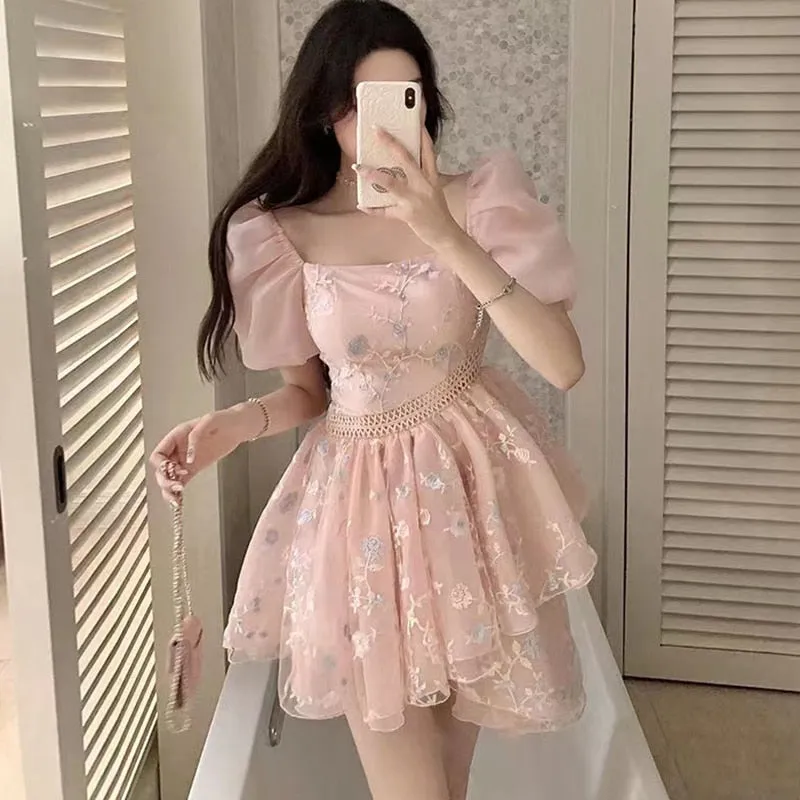 Fashionkova  Luxurious Embroidery Floral Dresses For Women Court Style Chiffon Puff Sleeves Pink Mini Sweet Fairy Dress Party Ball Gown 2022