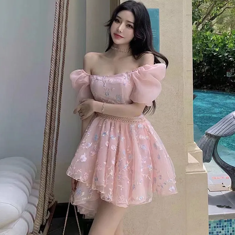 Fashionkova  Luxurious Embroidery Floral Dresses For Women Court Style Chiffon Puff Sleeves Pink Mini Sweet Fairy Dress Party Ball Gown 2022