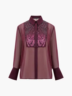 French Connection Hana Adalynn Sequin Bib Shirt - Burgundy Red