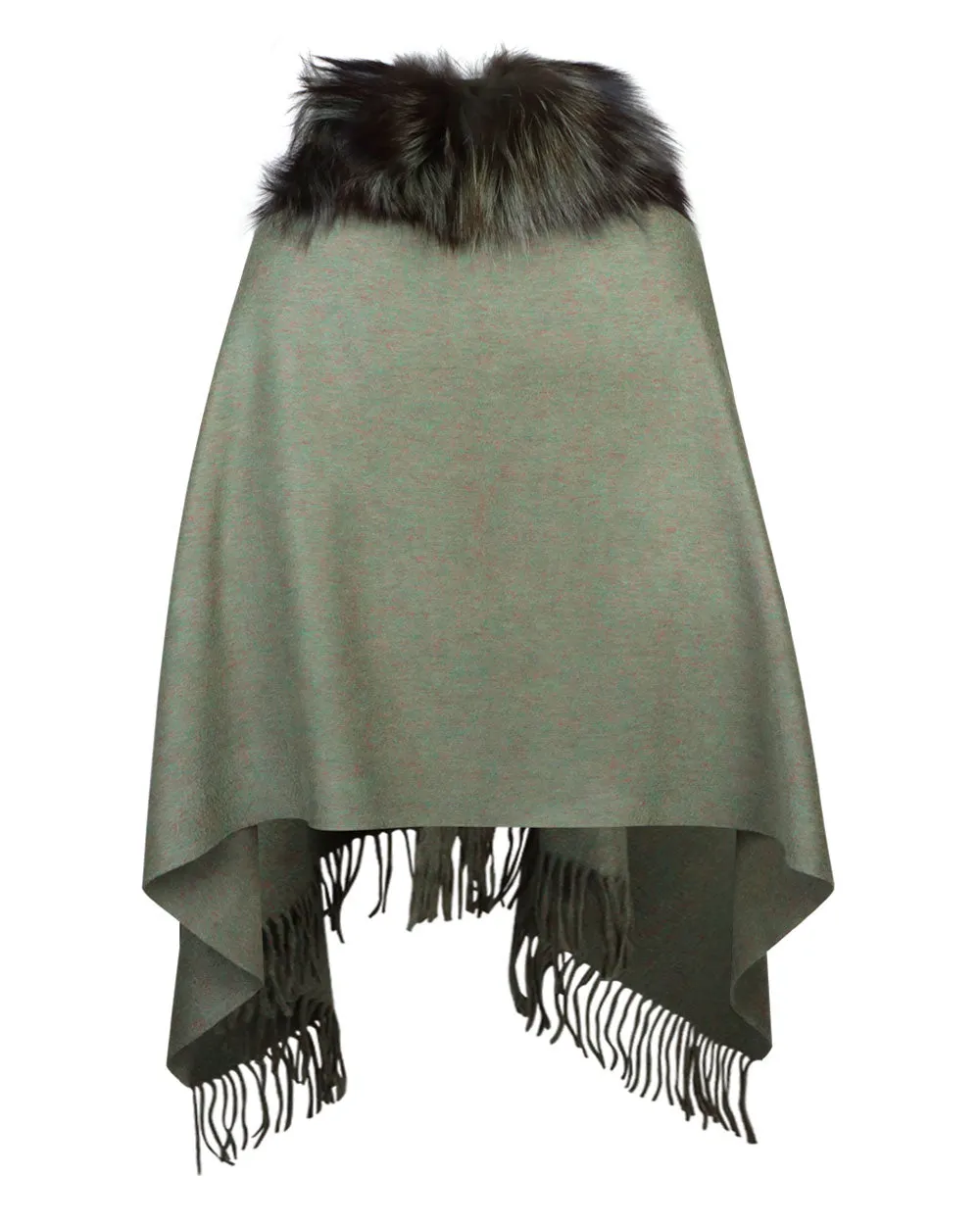 Fringed Fox Fur and Cashmere Blend Shaw in Olive