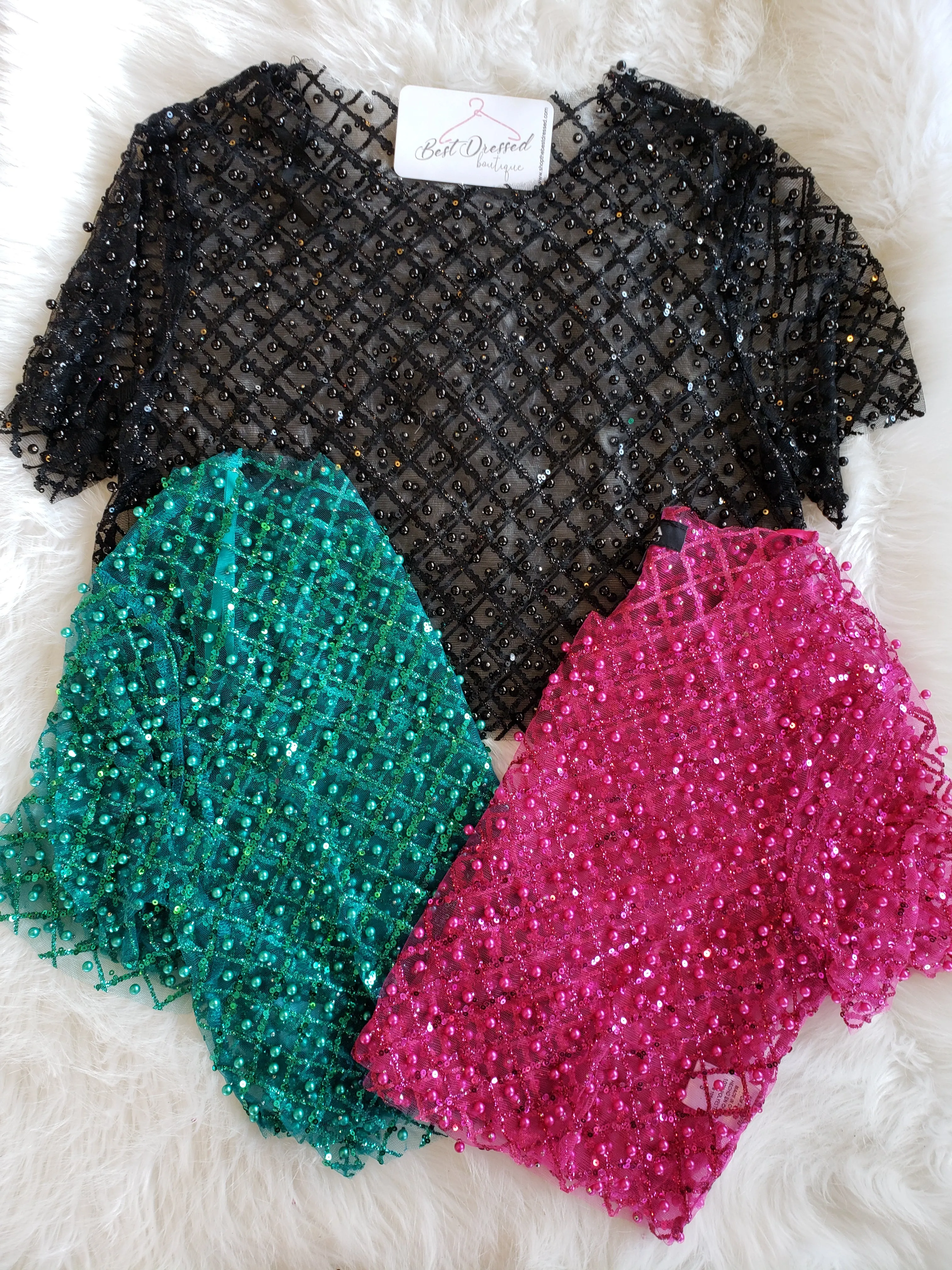 Fuchsia Sequin & Glitter Mesh Crop Top