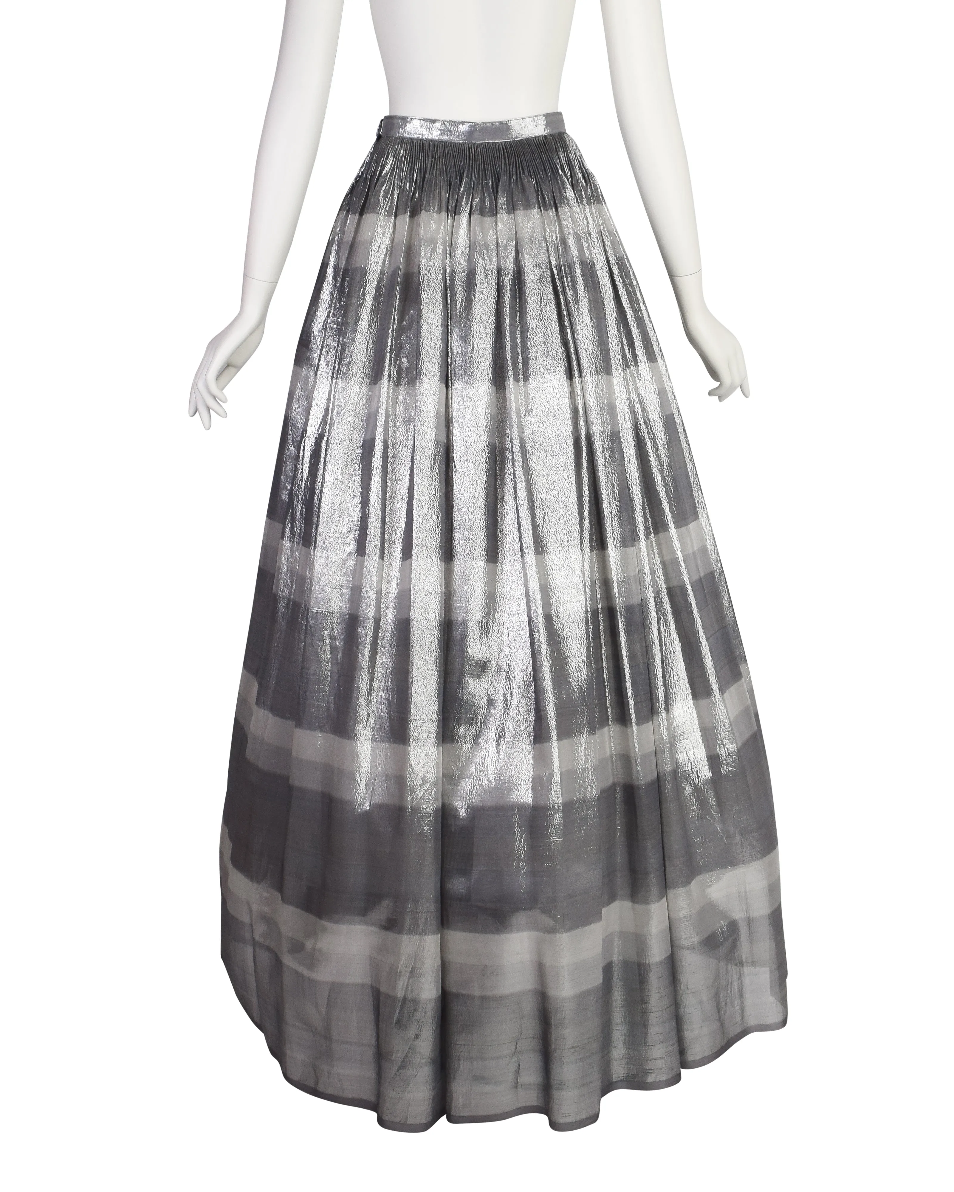 Geoffrey Beene Vintage Metallic Silver Striped Lame Semi-Sheer Full Length Skirt