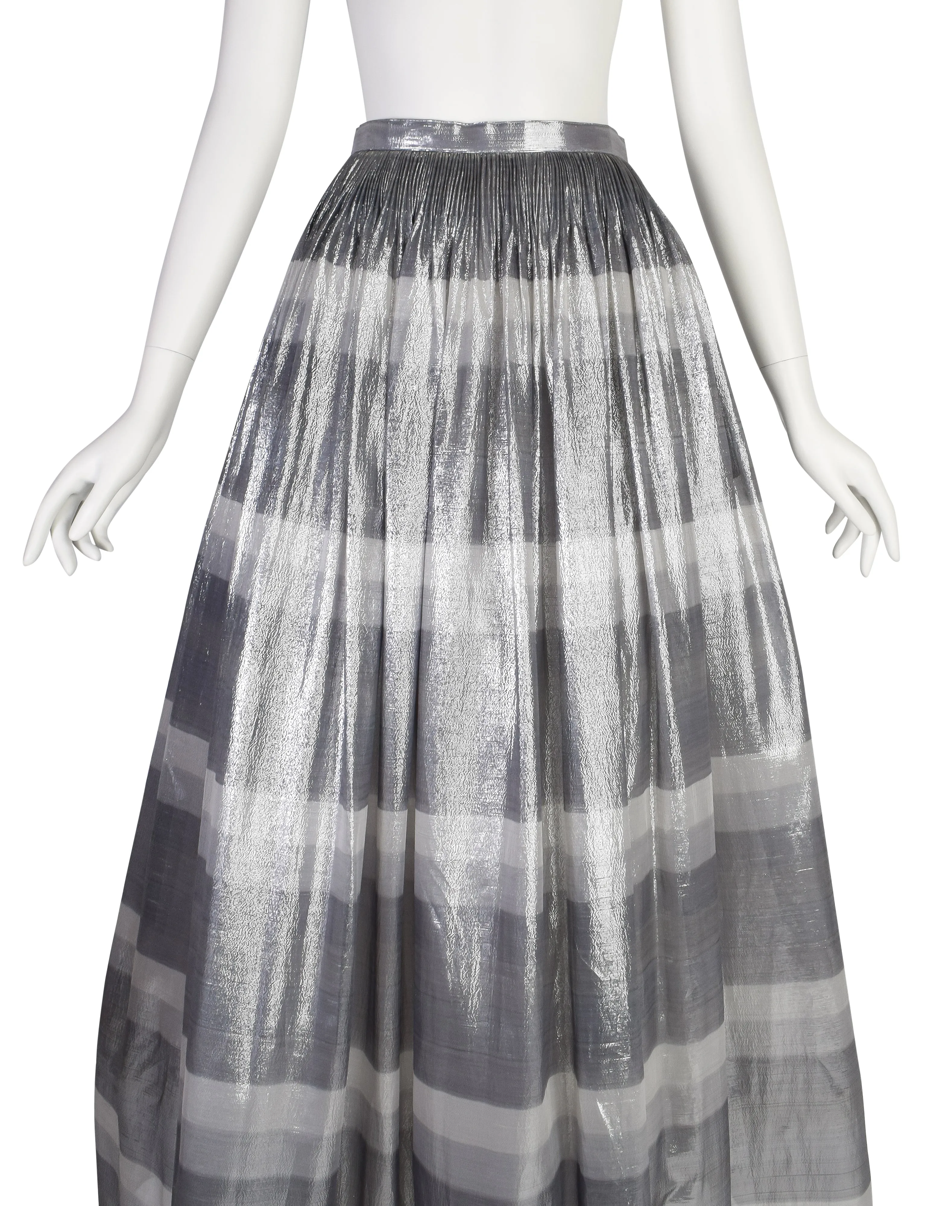 Geoffrey Beene Vintage Metallic Silver Striped Lame Semi-Sheer Full Length Skirt