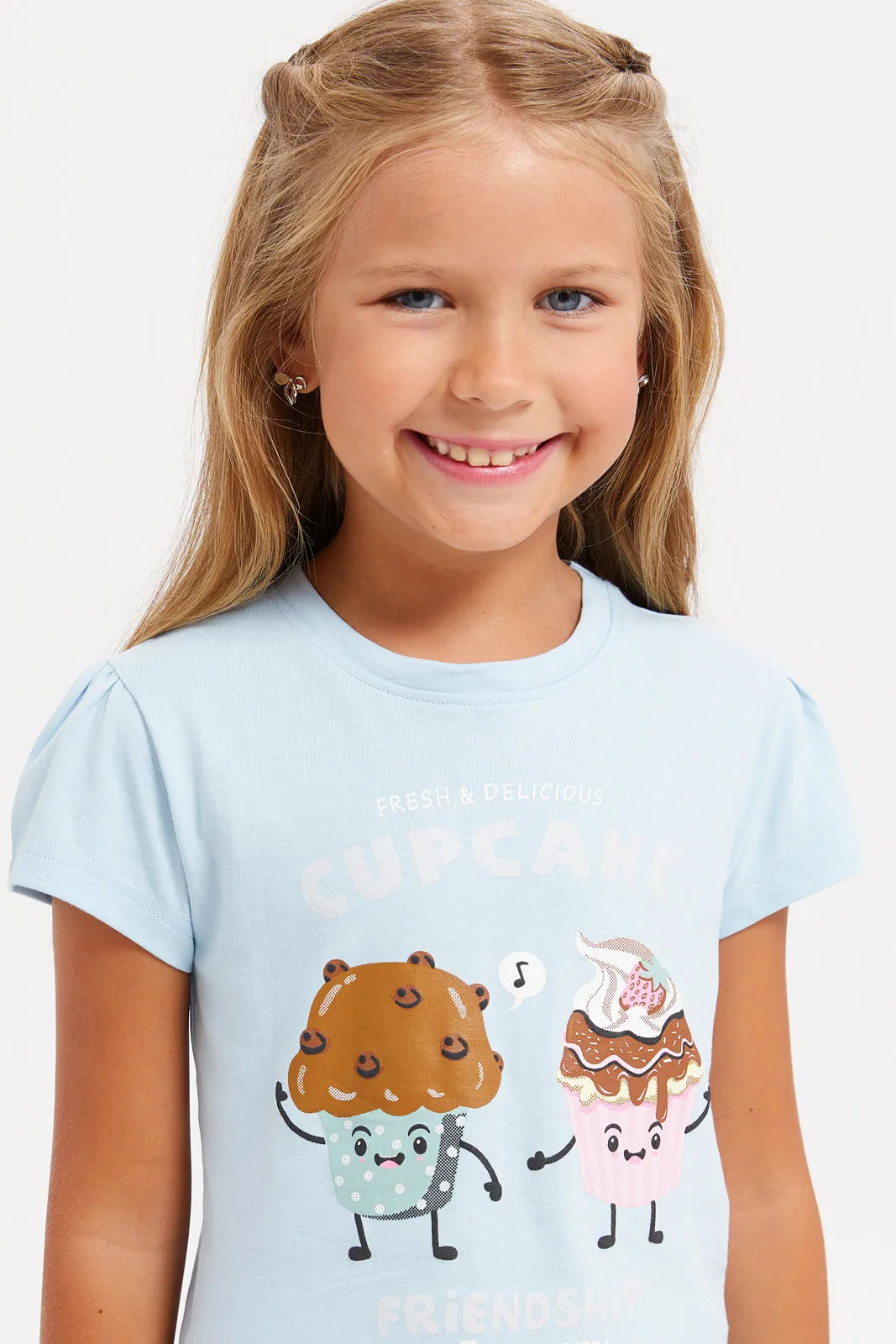 Girls Blue Cup Cake Print T-Shirt