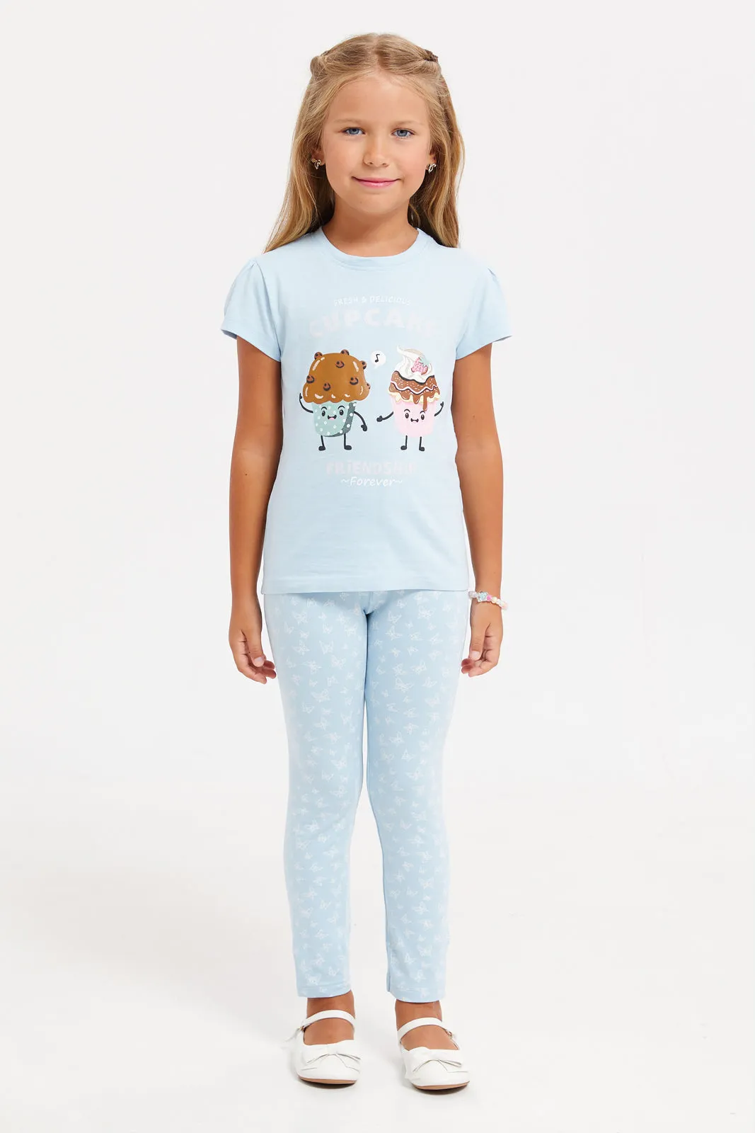 Girls Blue Cup Cake Print T-Shirt