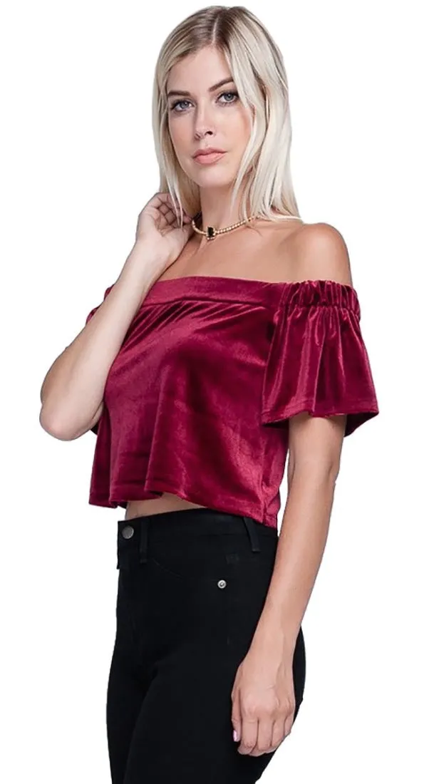 Harem Girl Velvet Off Shoulder Crop Top Rouge