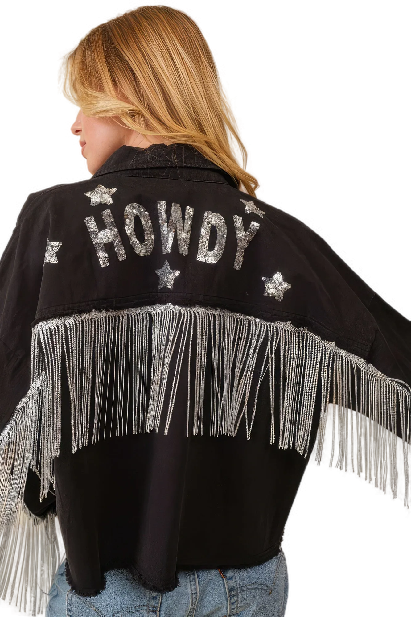 Howdy Sequin Fringe And Star Patches Jacket