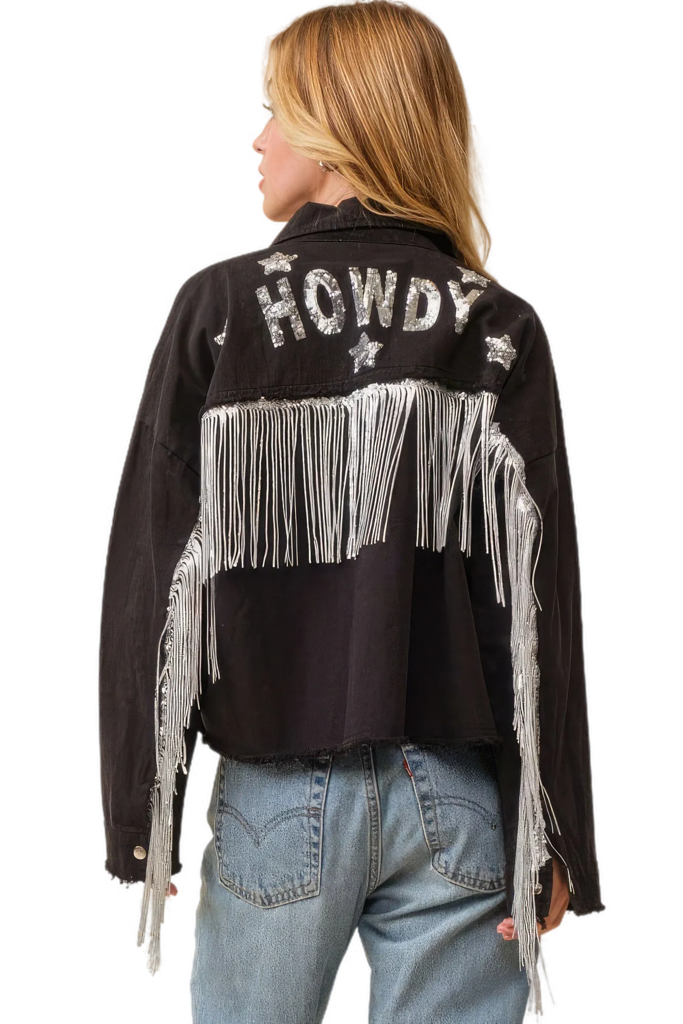 Howdy Sequin Fringe And Star Patches Jacket