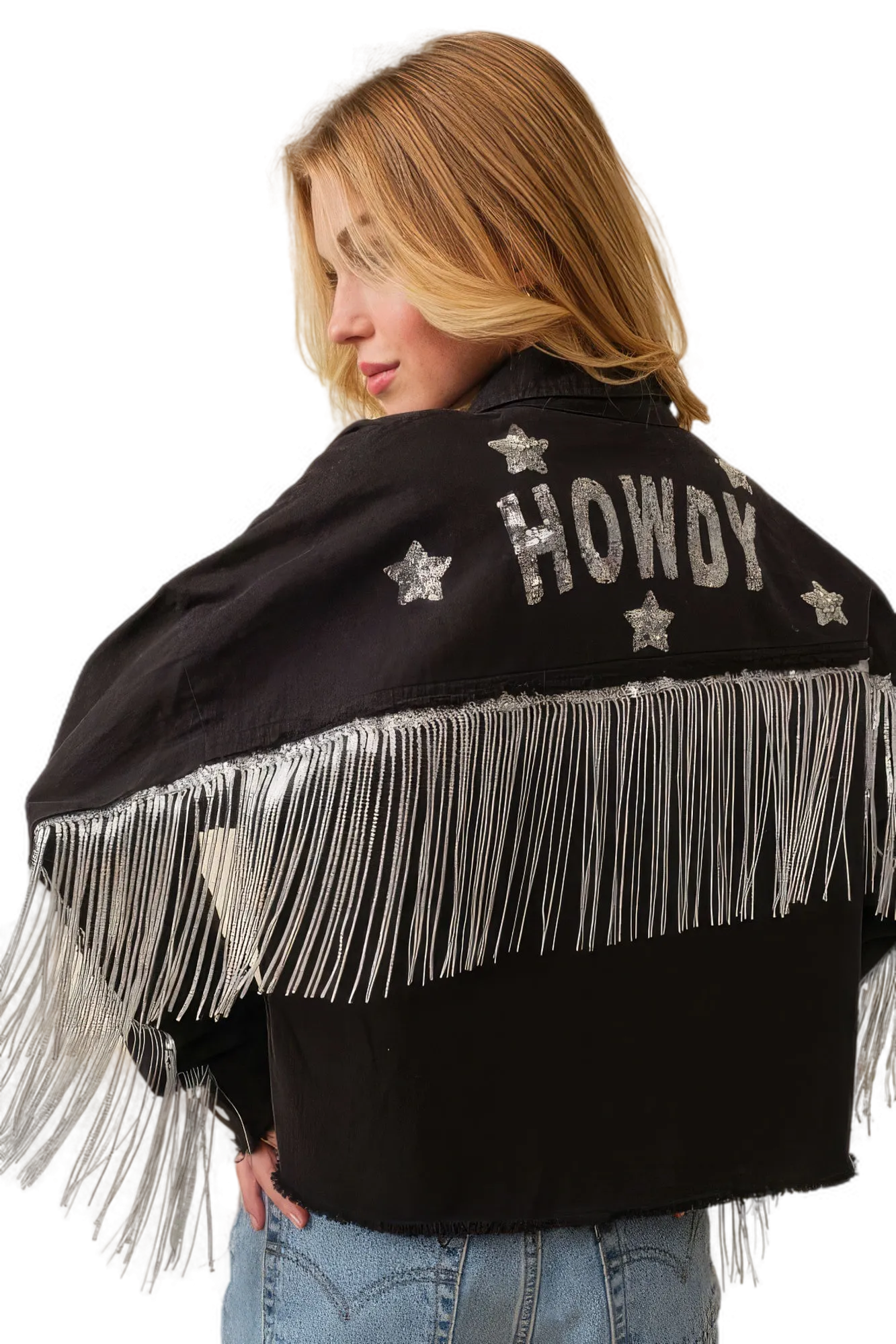 Howdy Sequin Fringe And Star Patches Jacket