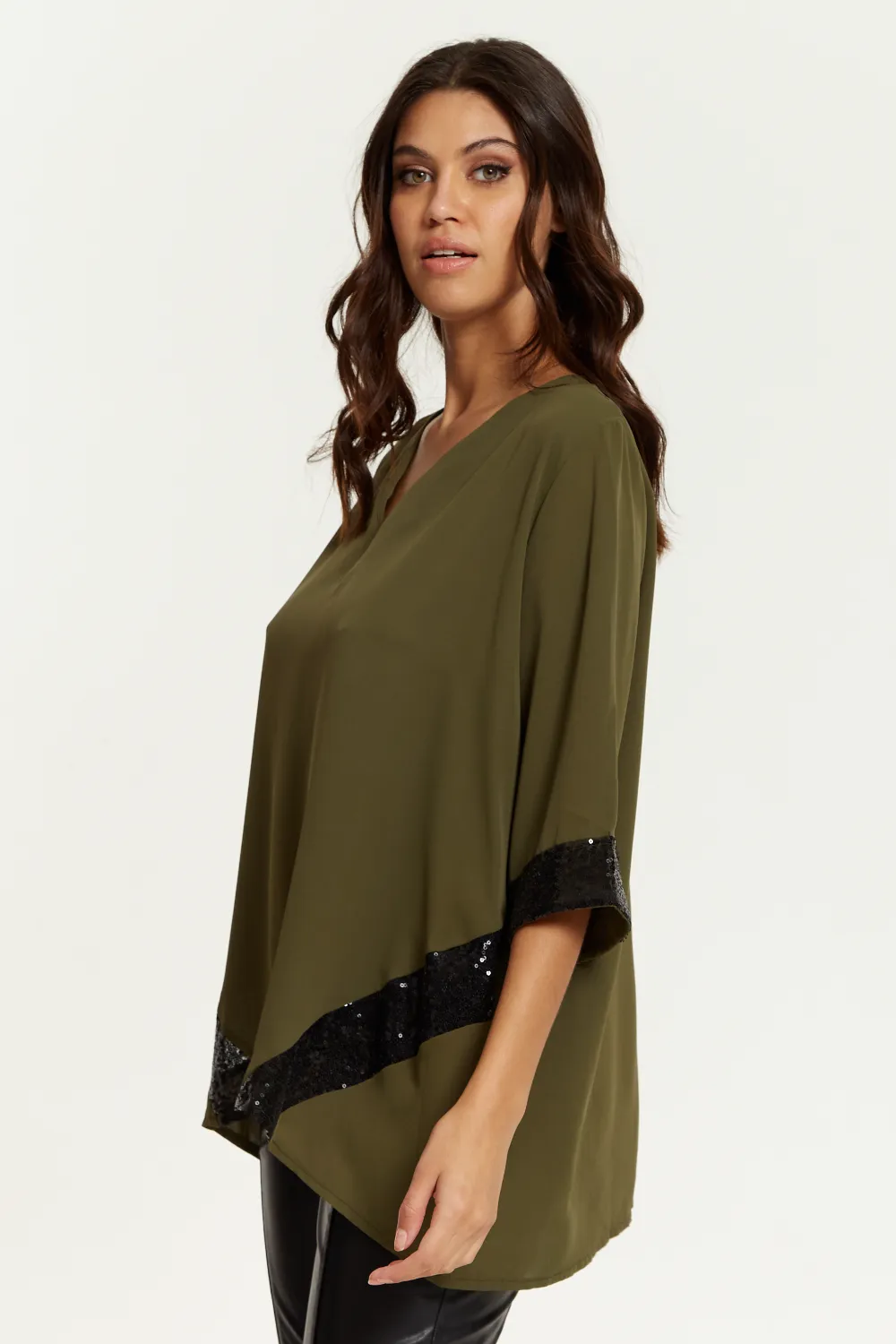 Hoxton Gal Oversized V Neck Sequin Detailed Satin Top