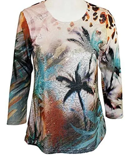 Impulse California - Tropicana Breeze, Sequin Front, 3/4 Sleeve Scoop Neck Top