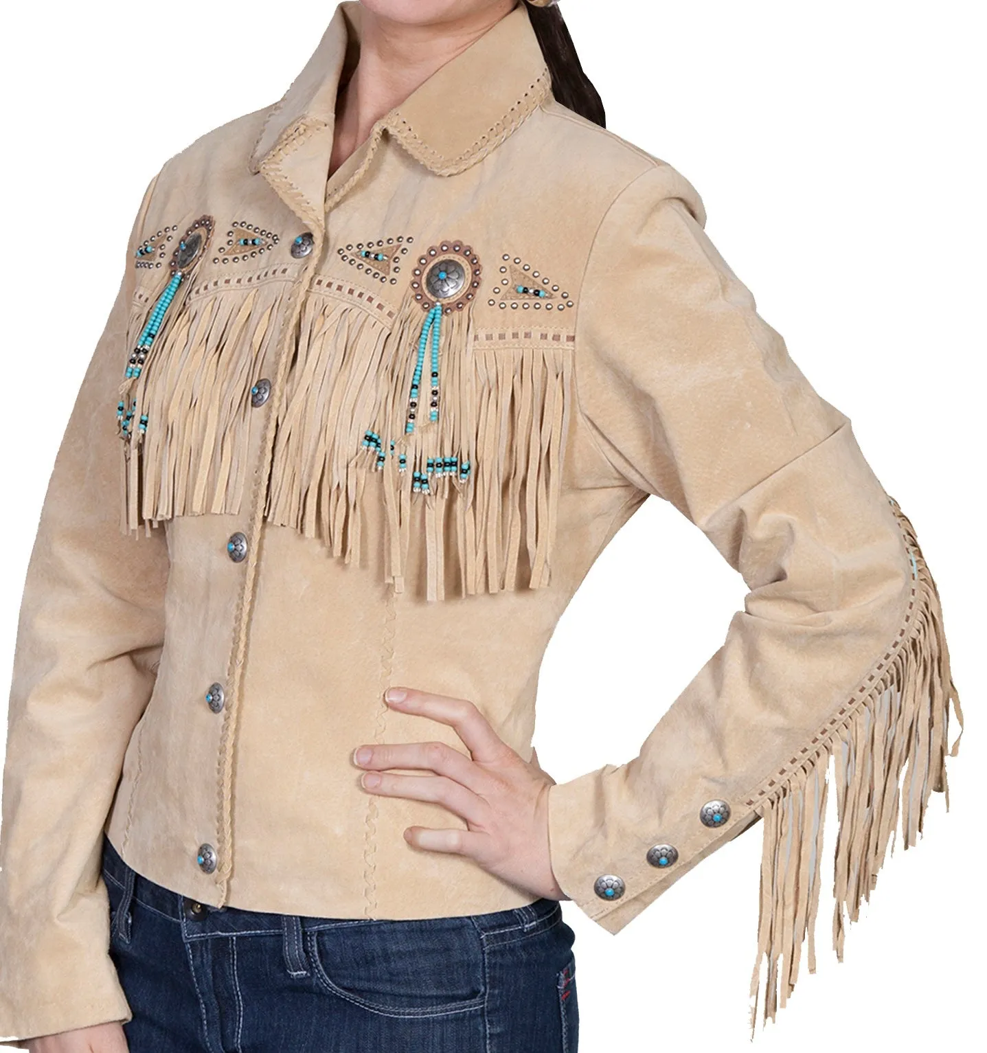 Jacket, Western Suede Leather with Fringe & Conchos, Multiple Colors - Style L152