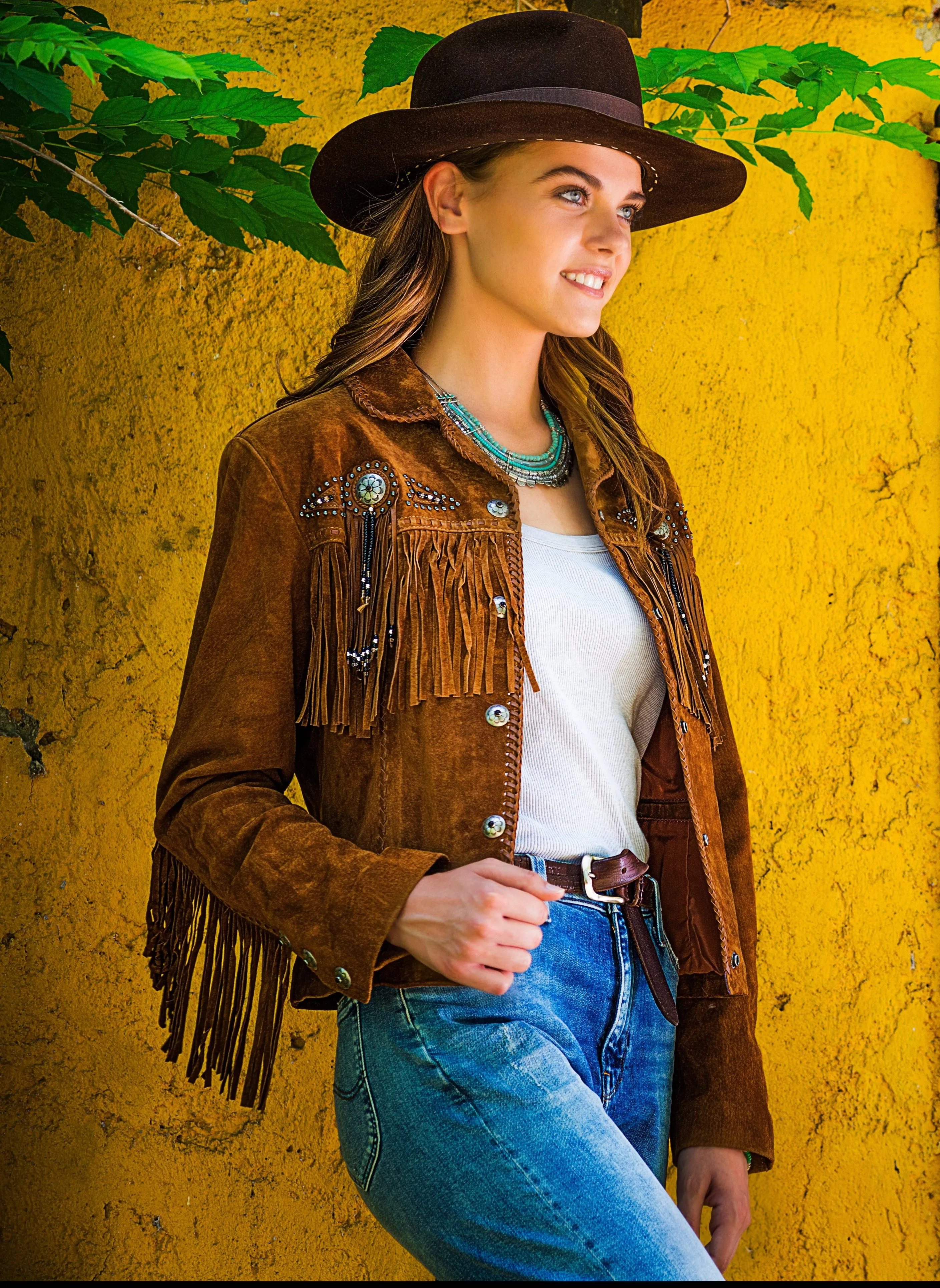 Jacket, Western Suede Leather with Fringe & Conchos, Multiple Colors - Style L152