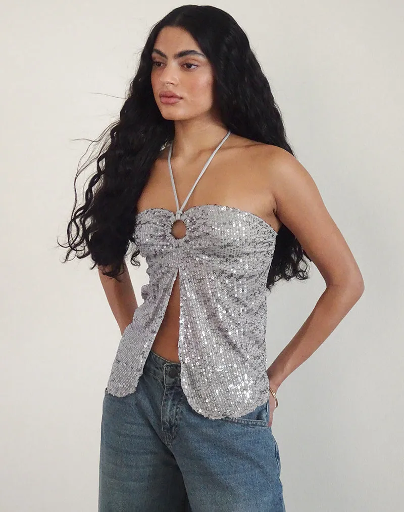 Janar Halterneck Top in Gauzy Sequin Silver