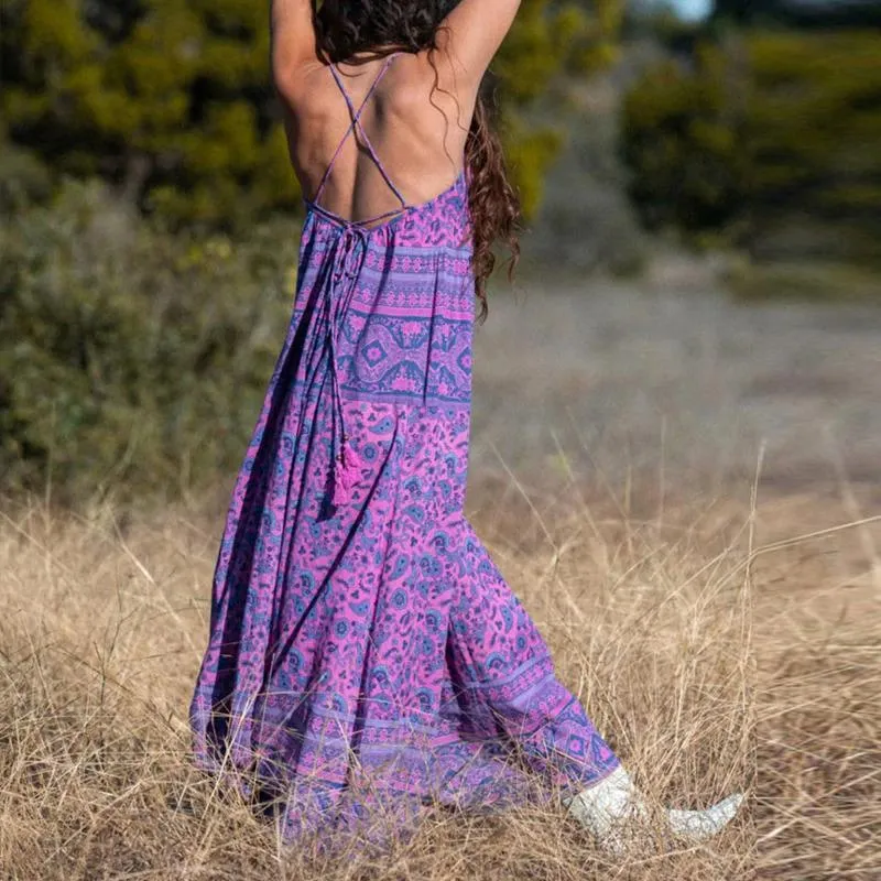 JuliaFashion - 2024 Purple Lace Up Backless Maxi Dress